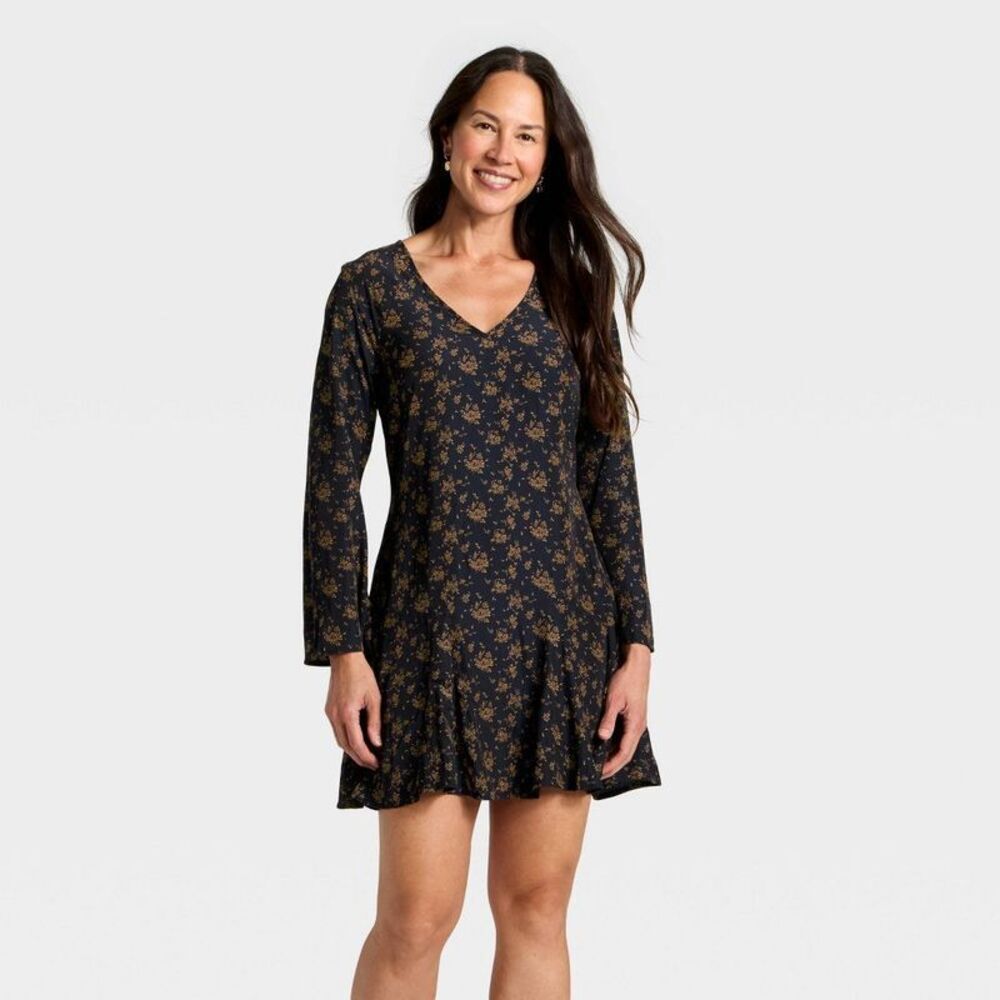 Women's Bell Long Sleeve Godet Mini A-Line Dress - Navy Blue Floral XL